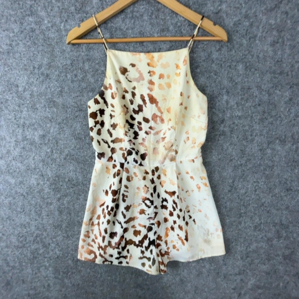 Keepsake Romper Womens Small Cream Brown Peach Abstract Print Spaghetti Strap